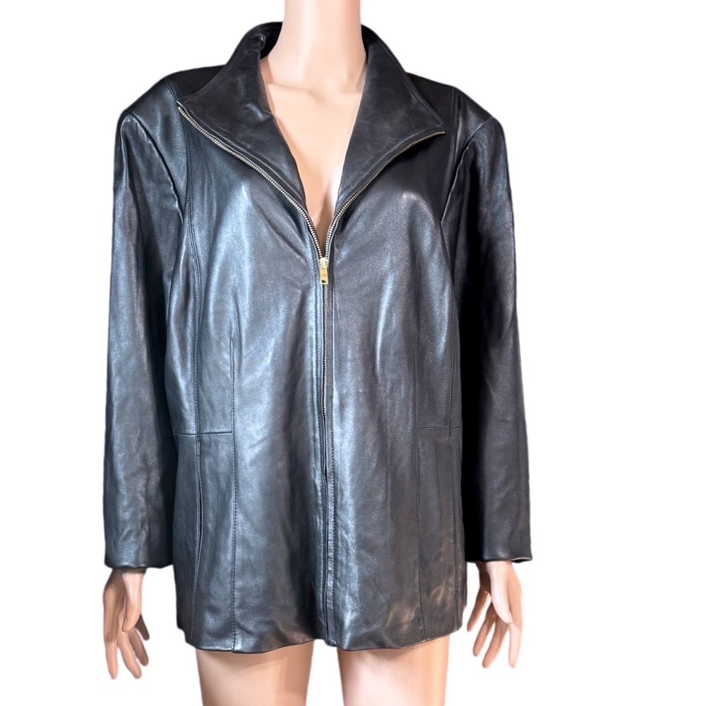 Cole Haan Leather Jacket Womens 2X Genuine Lambskin Zip Front Black Classic